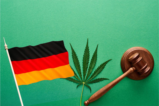 Tysk flagg, cannabisløv, gavel