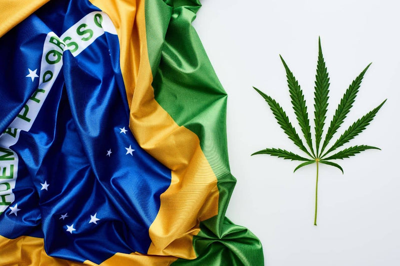 Brasils flagg og et cannabisblad