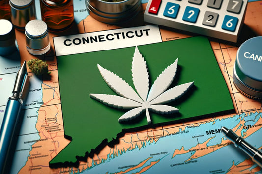 Cannabisskilt og et kart over Connecticut