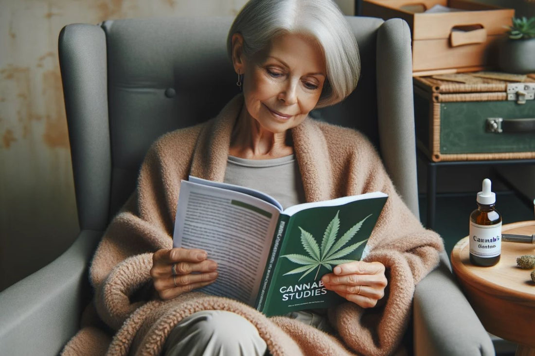 Eldre kvinne med en bok om cannabis i hånden