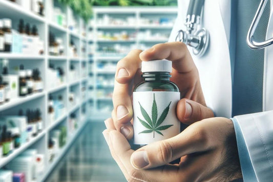 En lege med en flaske cannabisolje i hånden