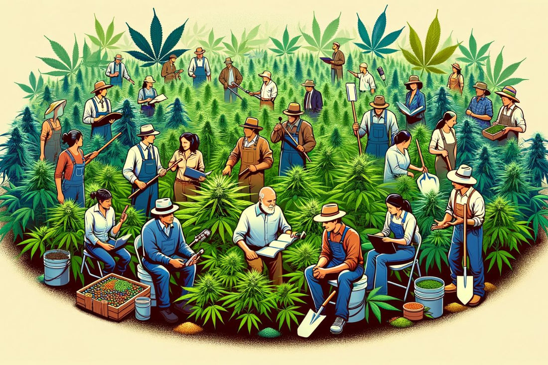 En gruppe mennesker i et cannabisfelt