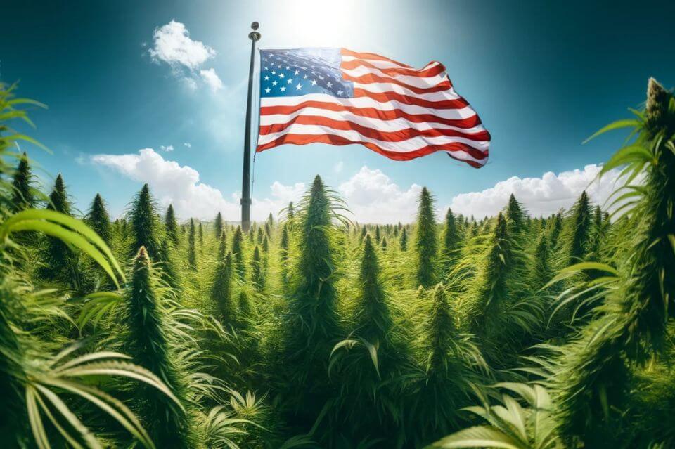 Vifter med det amerikanske flagget i en cannabisåker