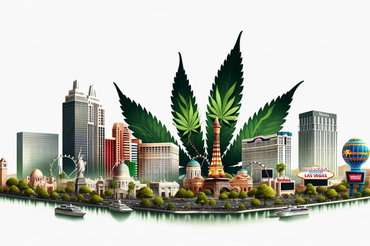 skyline med cannabisblad i bakgrunnen