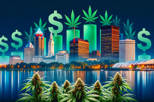 Cannabis med bybildet i Ohio i bakgrunnen