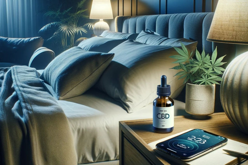 Liten CBD-flaske på sengekanten