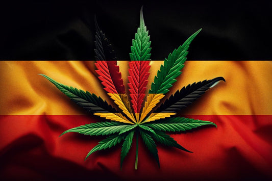 Cannabisblad foran det tyske flagget