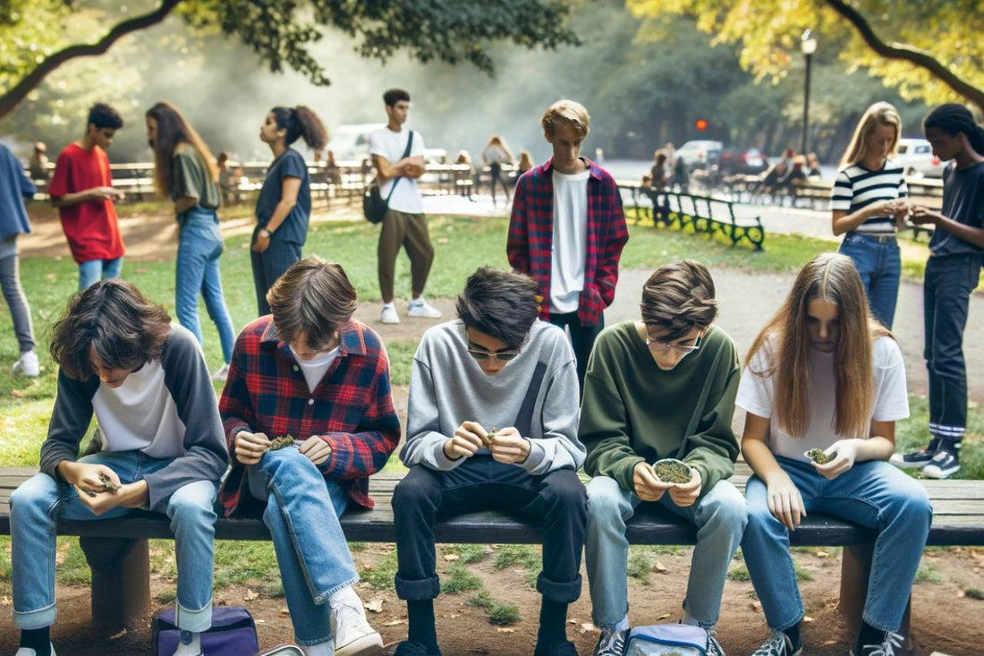 En gruppe tenåringer sitter på en benk