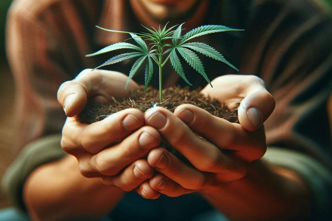 En mann holder en cannabisplante