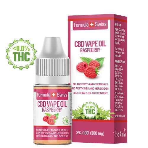 Formula Swiss CBD vape olje Bringebær, 3 % CBD (300 mg), 10 ml flaske og eske