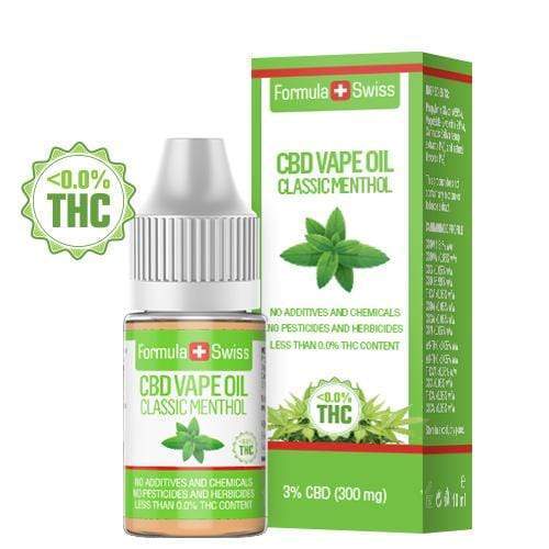 Formula Swiss CBD vape olje Klassisk mentol, 3 % CBD (300 mg), 10 ml flaske og eske