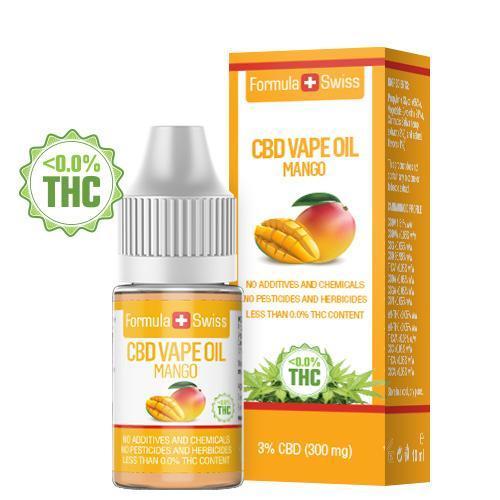Formula Swiss CBD vape olje Mango, 3 % CBD (300 mg), 10 ml flaske og eske