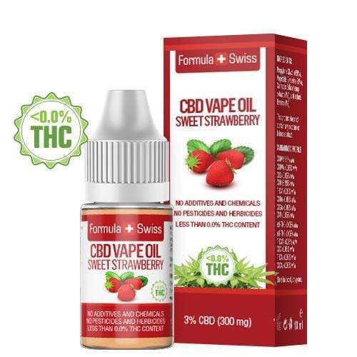 Formula Swiss CBD vape olje Søtt jordbær, 3 % CBD (300 mg), 10 ml flaske og eske