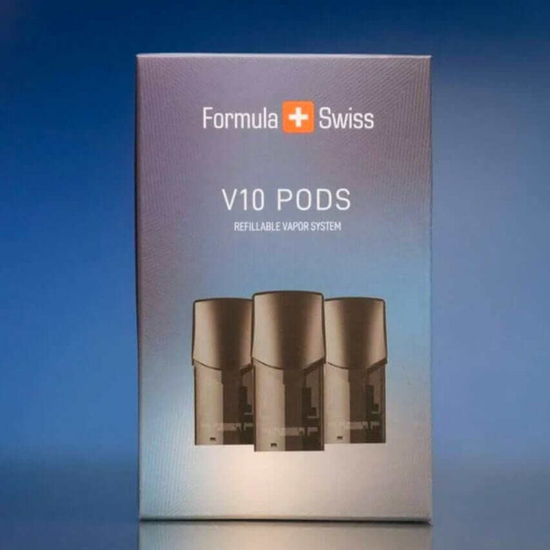 Eske med tre påfyllbare V10-pods til CBD vape fra Formula Swiss
