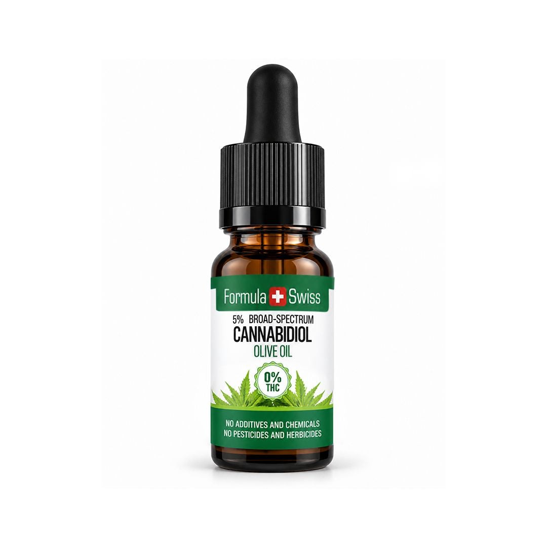 Liten ravfarget glassflaske med pipette fra Formula Swiss med cannabidiol-olivenolje (THC-fri), svart kork og hvit etikett på lysegrå bakgrunn.
