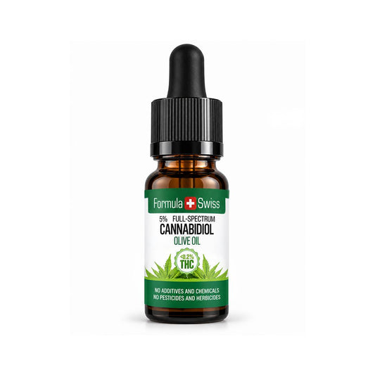 Liten ravfarget glassflaske med pipette fra Formula Swiss med cannabidiol-olivenolje og under 0,2 % THC, svart kork og hvit etikett på lysegrå bakgrunn.