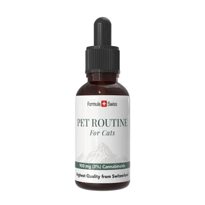 Bottle of 'Pet Routine for Cats' with Formula Swiss branding on a white background