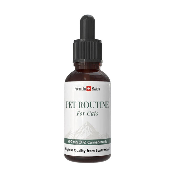 Bottle of 'Pet Routine for Cats' with Formula Swiss branding on a white background