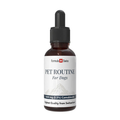 Bottle of 'Pet Routine for Dogs' with a white label on a white background