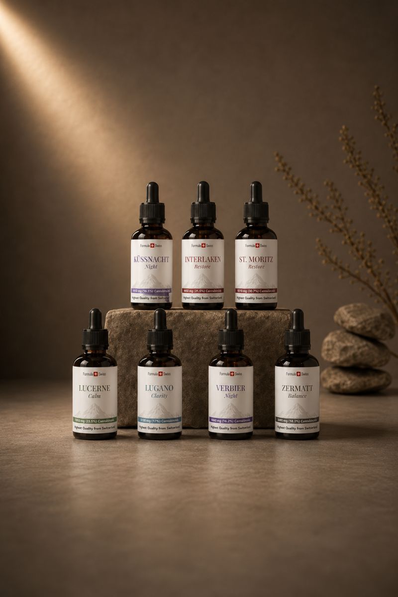 Formula Swiss cannabinoidoljekolleksjon presentert på steinsokler med stablede steiner i varme, minimalistiske omgivelser.