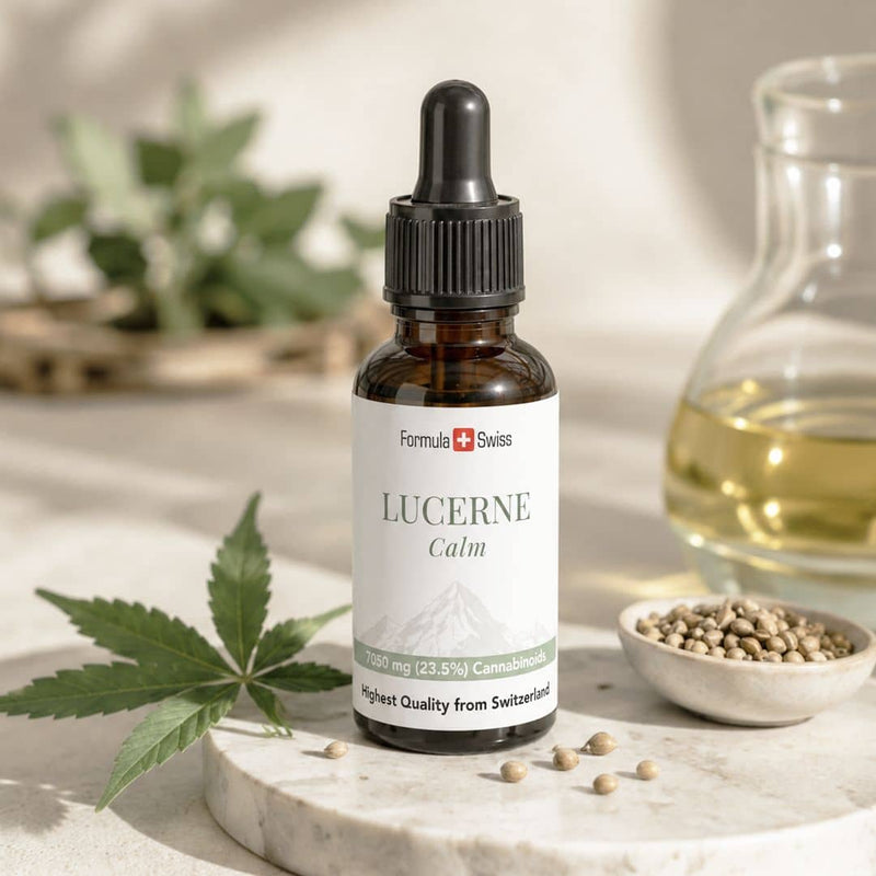 Formula Swiss Lucerne Calm flaske med cannabinoidolje, presentert med hampblader, frø og gyllen olje i naturlige omgivelser.