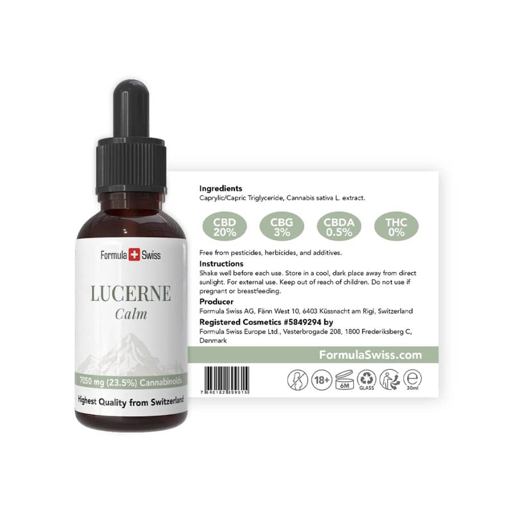 Lucerne Calm-flaske med etikett på hvit bakgrunn