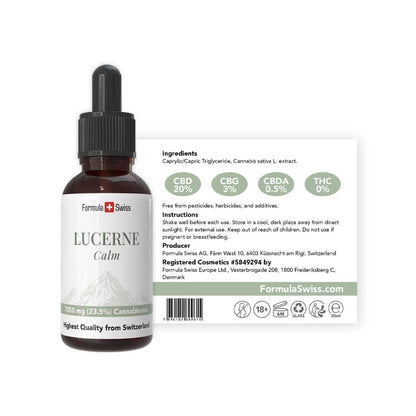 Lucerne Calm-flaske med etikett på hvit bakgrunn