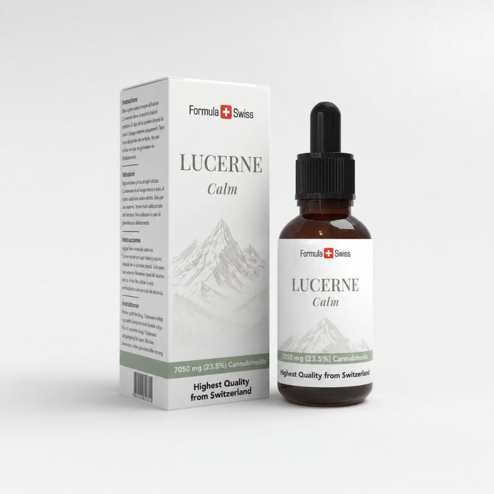 Lucerne Calm-flaske og emballasje fra Formula Swiss på hvit bakgrunn