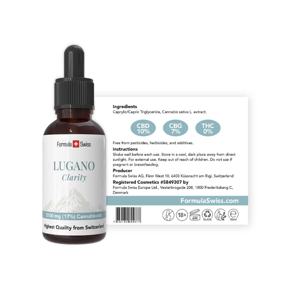 CBD-dråpeflaske merket «Lugano Clarity» fra Formula Swiss på hvit bakgrunn.
