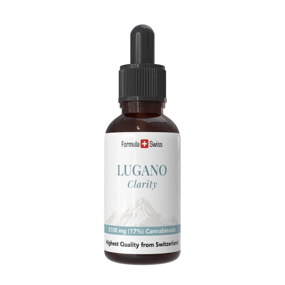 Lugano Clarity-flaske med Formula Swiss-merking på hvit bakgrunn
