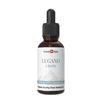 Lugano Clarity-flaske med Formula Swiss-merking på hvit bakgrunn