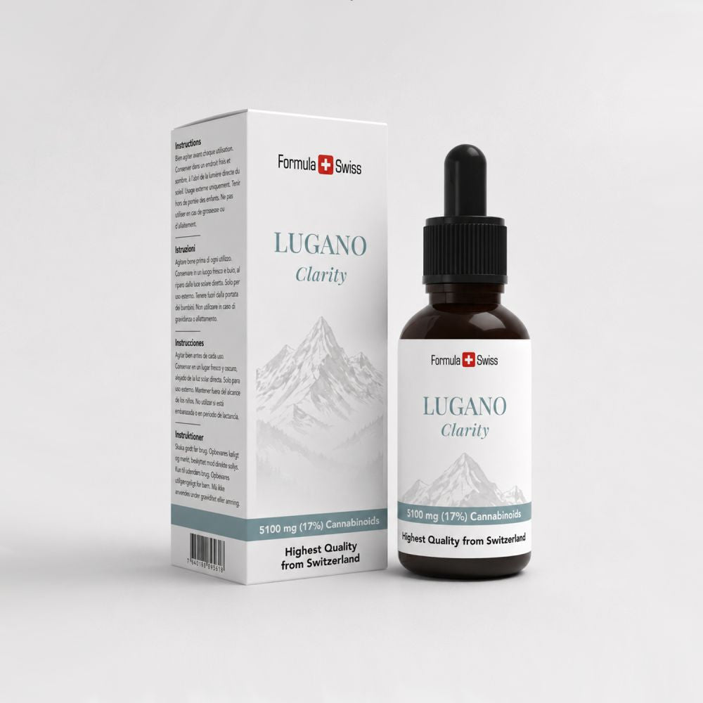 Lugano Clarity-flaske og emballasje fra Formula Swiss på hvit bakgrunn