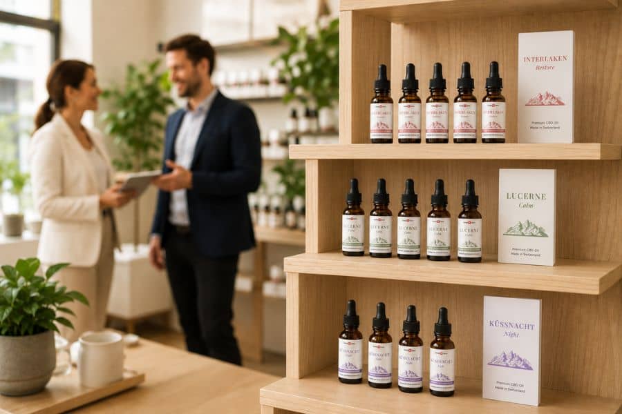 Formula Swiss cannabinoidoljeprodukter presentert i et butikkmiljø mens to forretningsrepresentanter diskuterer et samarbeid.