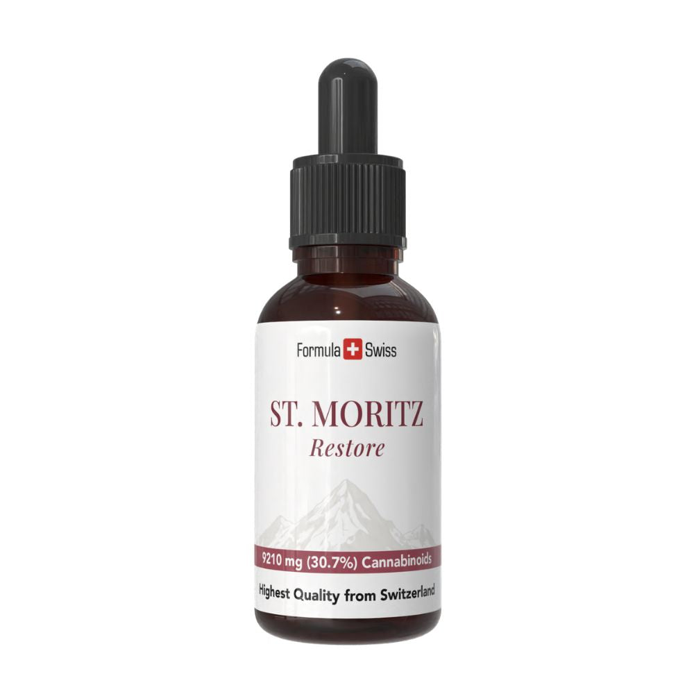 St. Moritz-flaske med Formula Swiss-merking på hvit bakgrunn