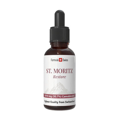 St. Moritz-flaske med Formula Swiss-merking på hvit bakgrunn