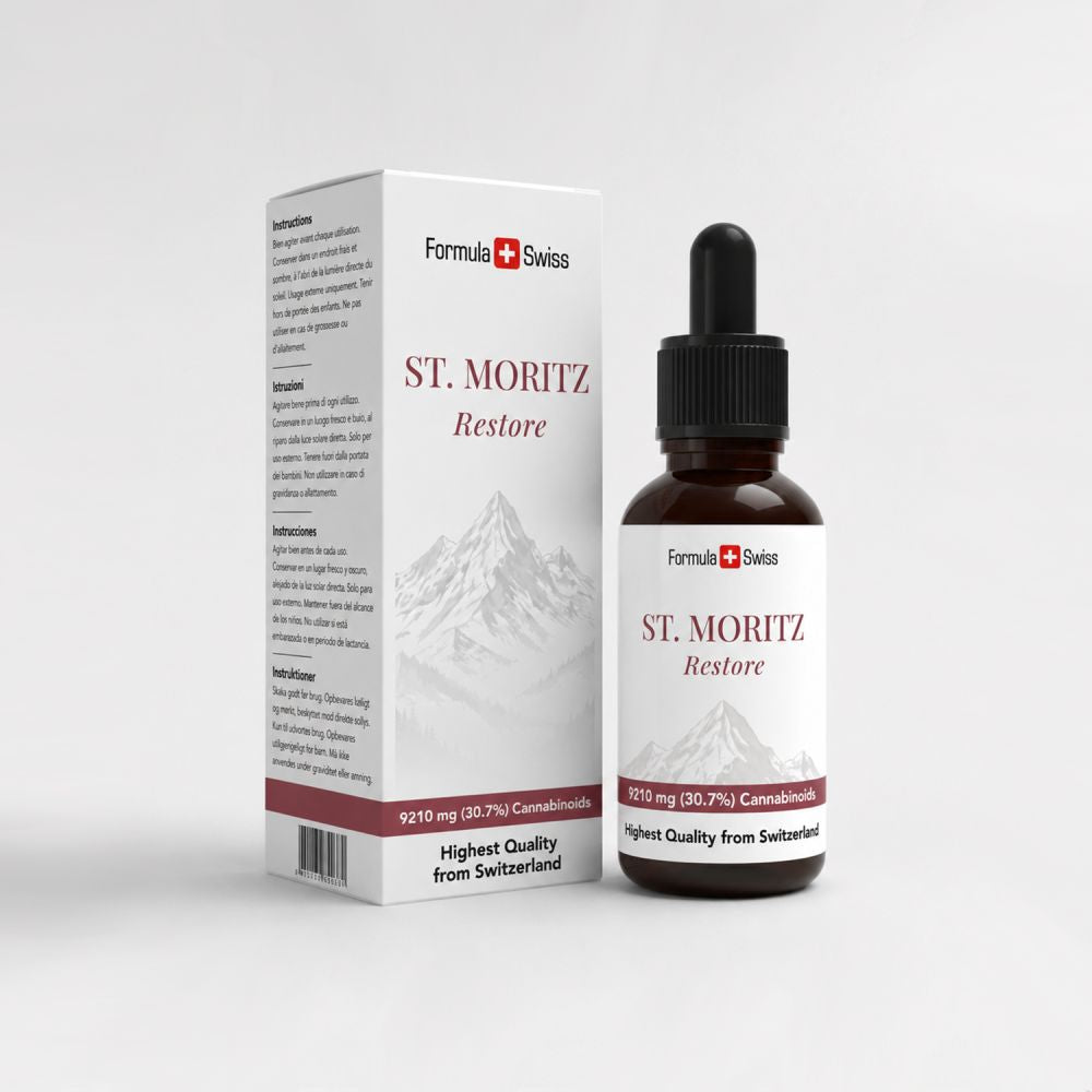 St. Moritz Restore-flaske og emballasje på hvit bakgrunn