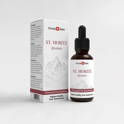 St. Moritz Restore-flaske og emballasje på hvit bakgrunn