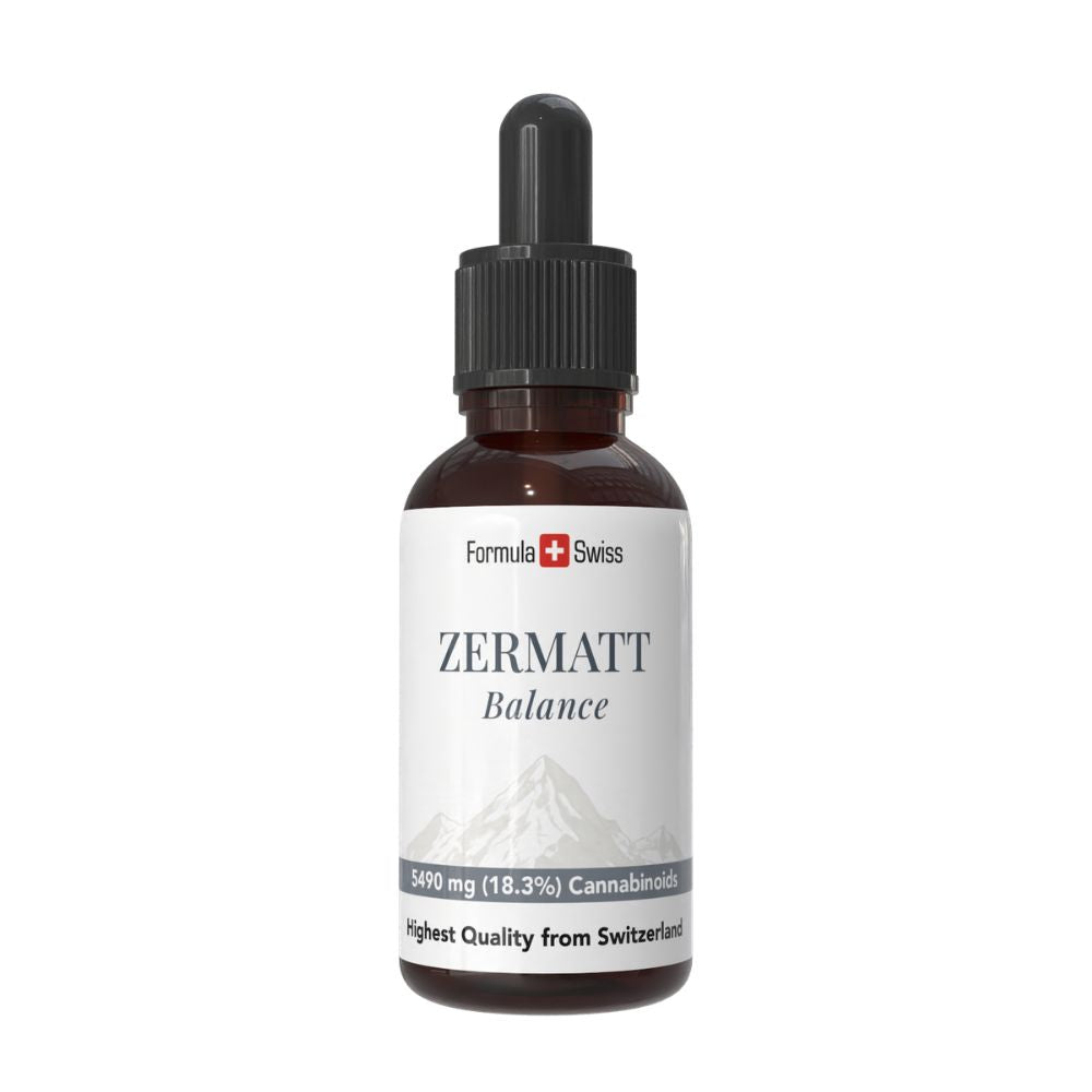Zermatt CBD-olje i flaske med Formula Swiss-merking på hvit bakgrunn