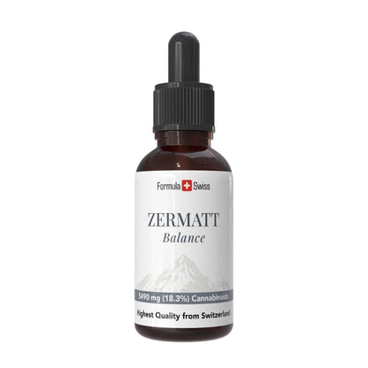 Zermatt CBD-olje i flaske med Formula Swiss-merking på hvit bakgrunn