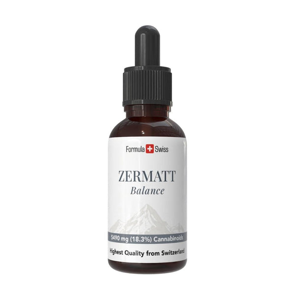 Zermatt CBD-olje i flaske med Formula Swiss-merking på hvit bakgrunn