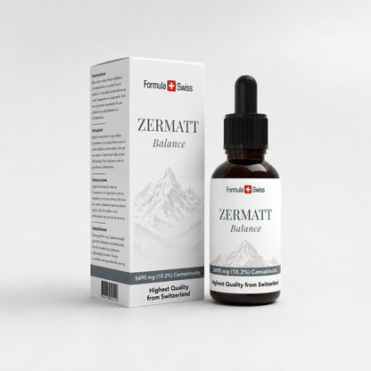 Emballasje til Zermatt Balance med flaske og eske på lysegrå bakgrunn